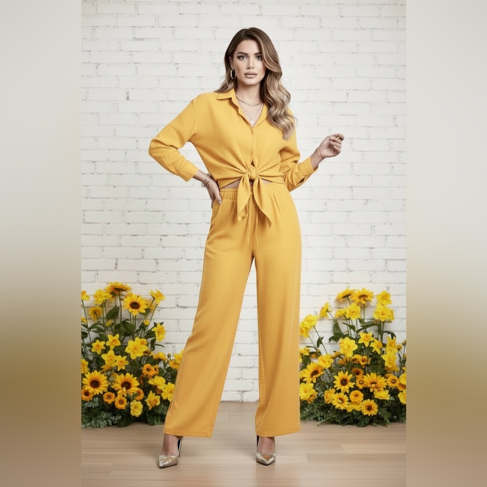Micas Tie Front Shirt And Wide Leg Pants Set